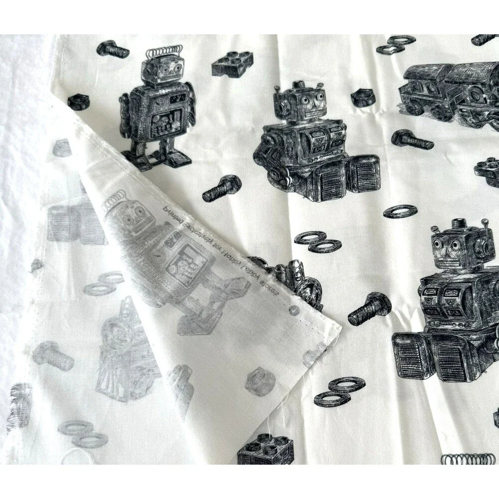 Robots Trains Bolts Black Off White Fabric Boys Cotton Quilt Fabric BTY